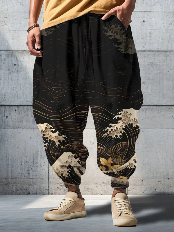 Men's Great Wave Print Loose Drawstring Waist Sweatpants