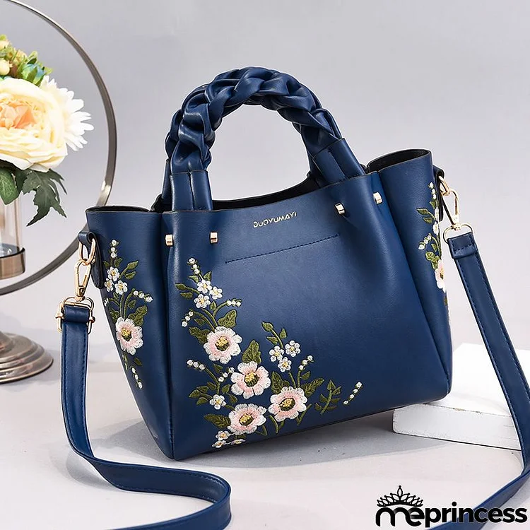 Women Vintage Flower Design Graphic Pattern Solid Color Large Capacity Shoulder Handle Bag