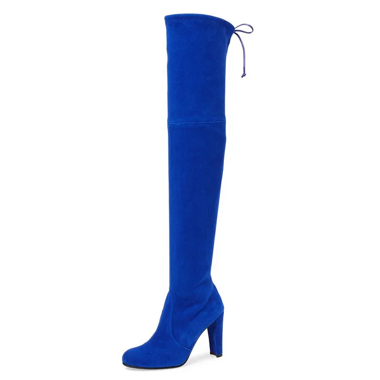 Cobalt Blue Shoes Chunky Heel Vegan Suede Thigh High Boots by FSJ |FSJ Shoes