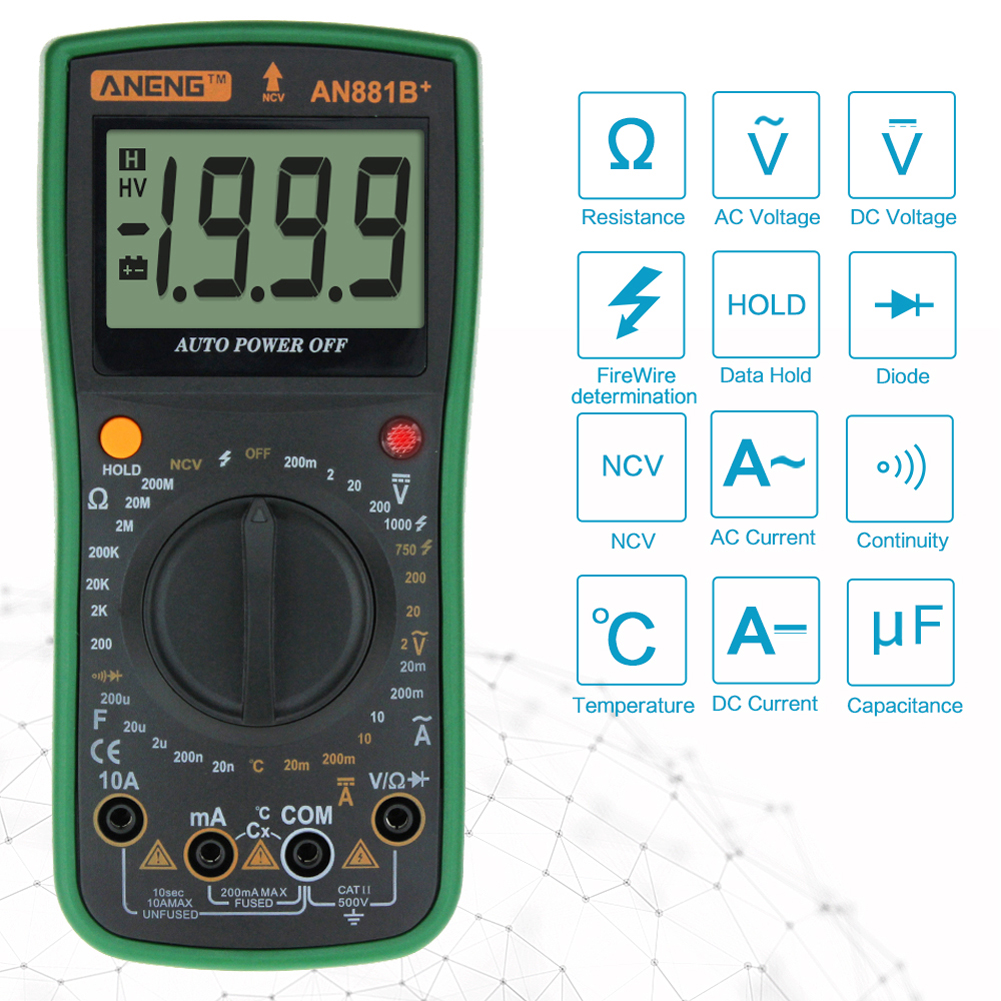 ANENG AN881B+ Digital Multimeter NCV Temprature with 16 in 1 Cable(Green)-215518.03, 501 Original
ANENG AN881B+ Digital Multimeter NCV Temprature with 16 in 1 Cable(Green)-215518.03, 501 Original