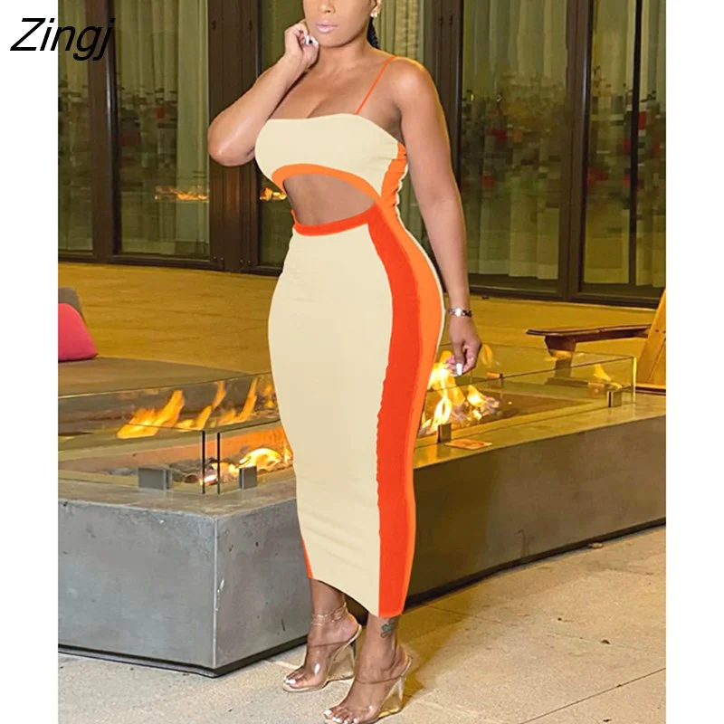 Zingj Summer Patchwork Sexy Club Outfits Dresses For Women 2022 Backless Straps Long Dress Female Cut Out Bodycon Maxi Dress