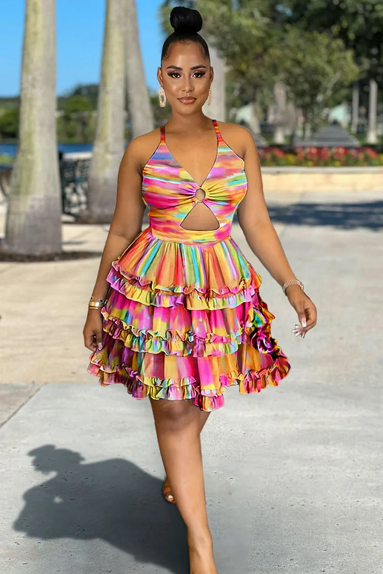 Cut Out Colorful Pattern Print Halter A-Line Layered Ruffled Vacation Mini Dresses