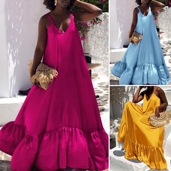 Women Summer Holiday Sleeveless V-Neck Solid Color Spliced Ruffle Hem Plus Size Loose Maxi Dress - BlackFridayBuys