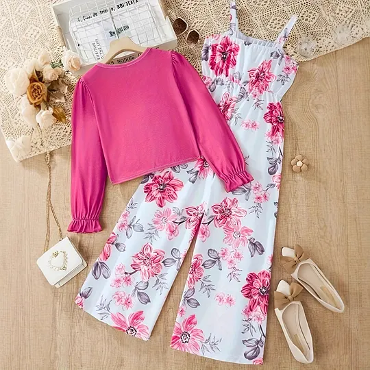 【5Y-13Y】Girls' Long-Sleeve Jacket + Printed Jumpsuit 2-Piece Set