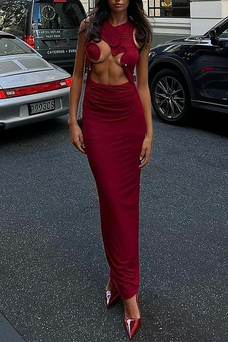 Irregular Cutout Ruched Slim Fit Maxi Tank Dresses-Red [Pre Order]