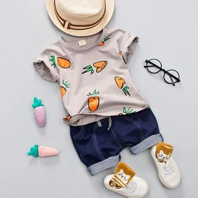 Kid Boy Girl Summer Clothing Set Radish Printed Top + Dark Blue Shorts Baby Casual Cute Radish Print Shirt Clothes Boys Suit