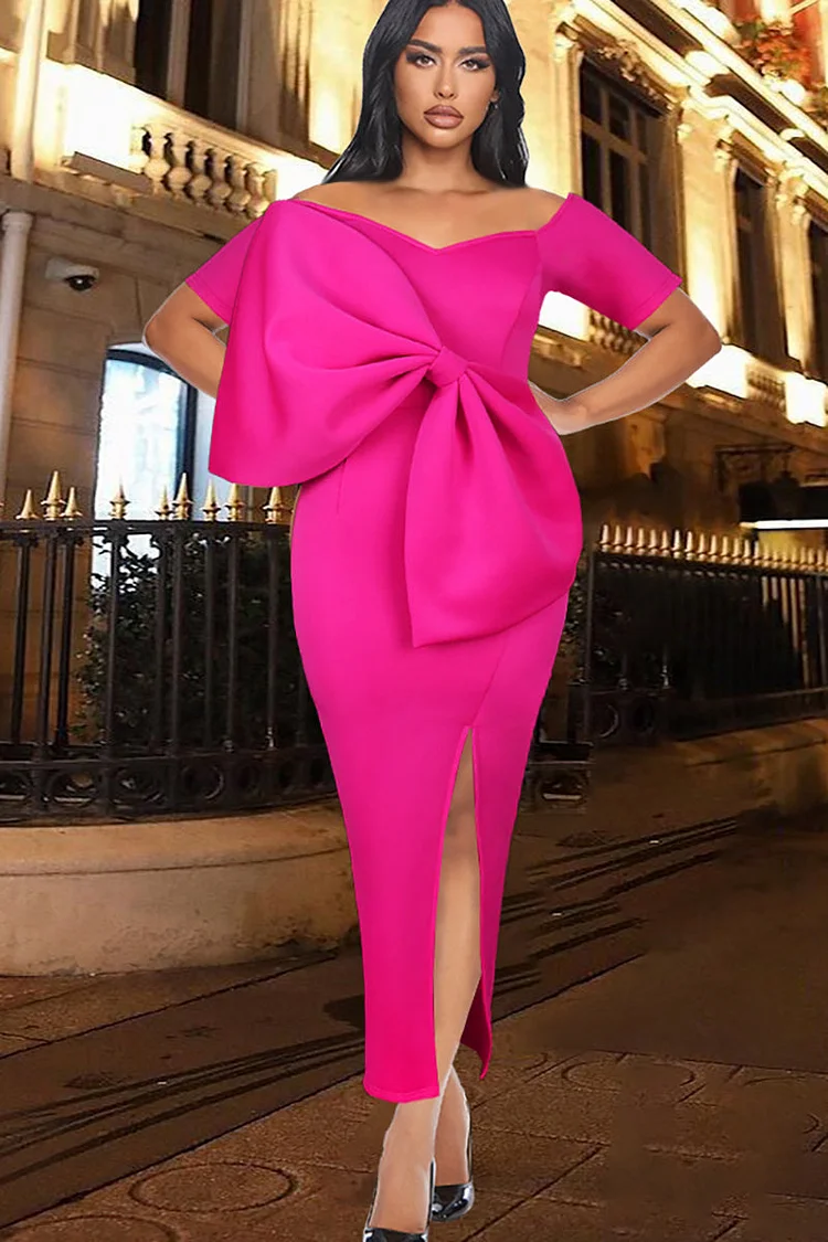 Bow V Neck Short Sleeve Side Slit Formal Party Midi Dresses