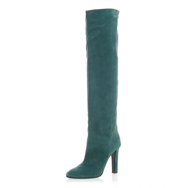 Teal Suede Knee Boots with Chunky Heel Vdcoo