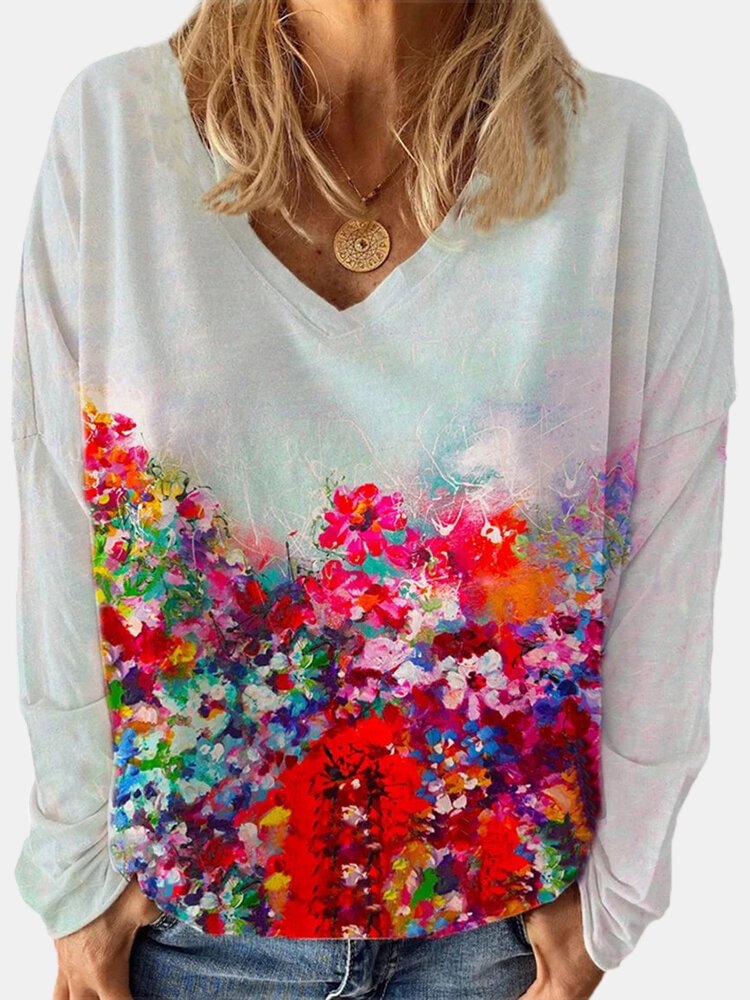 Floral Print V neck Long Sleeve Casual T Shirt For Women P1767768