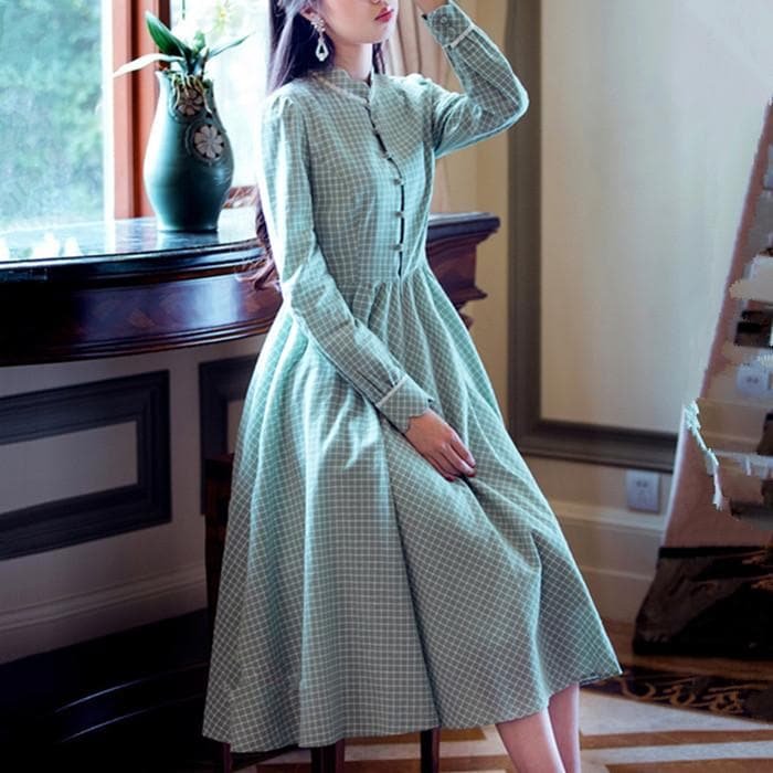 Green Vintage Collar Plaid Dress SP179022