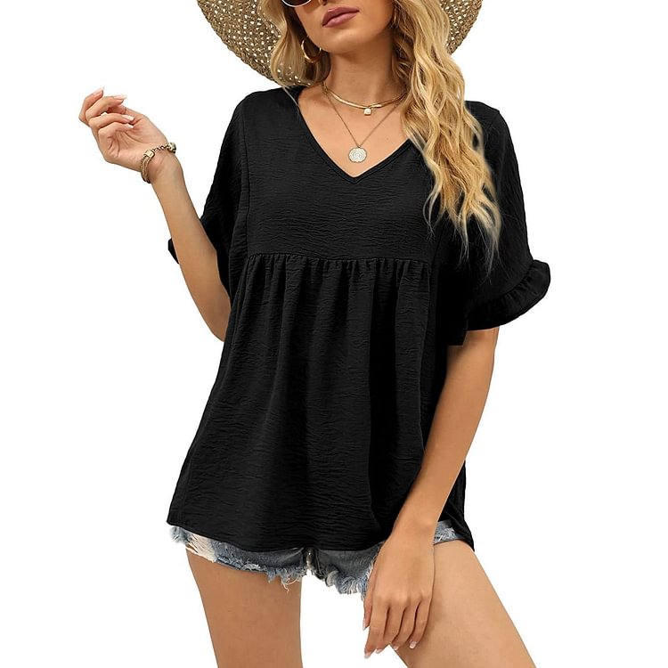 V neck Loose Casual Ruffle Sleeve T-shirt