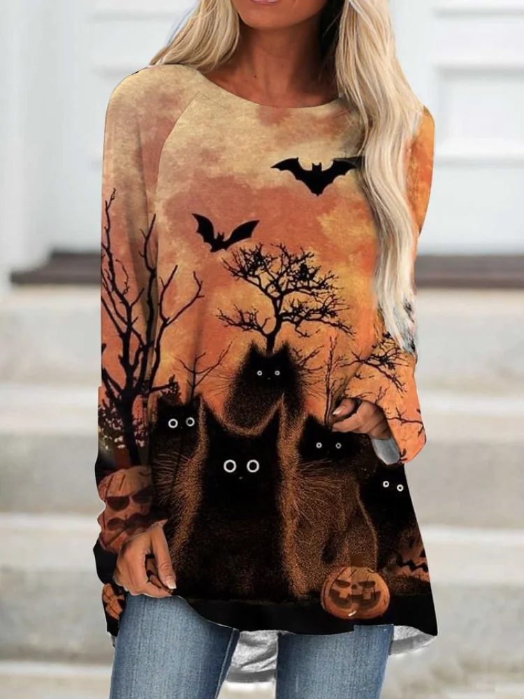 Vefave Halloween Print Long Sleeve Crew Neck Tunic