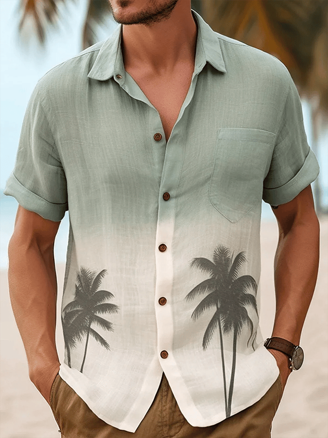 Men's Hawaiian Coconut Tree Short Sleeve Pocket Shirt