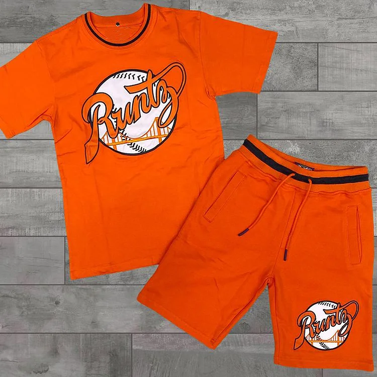 Orange letter print fashion short-sleeved shorts suit