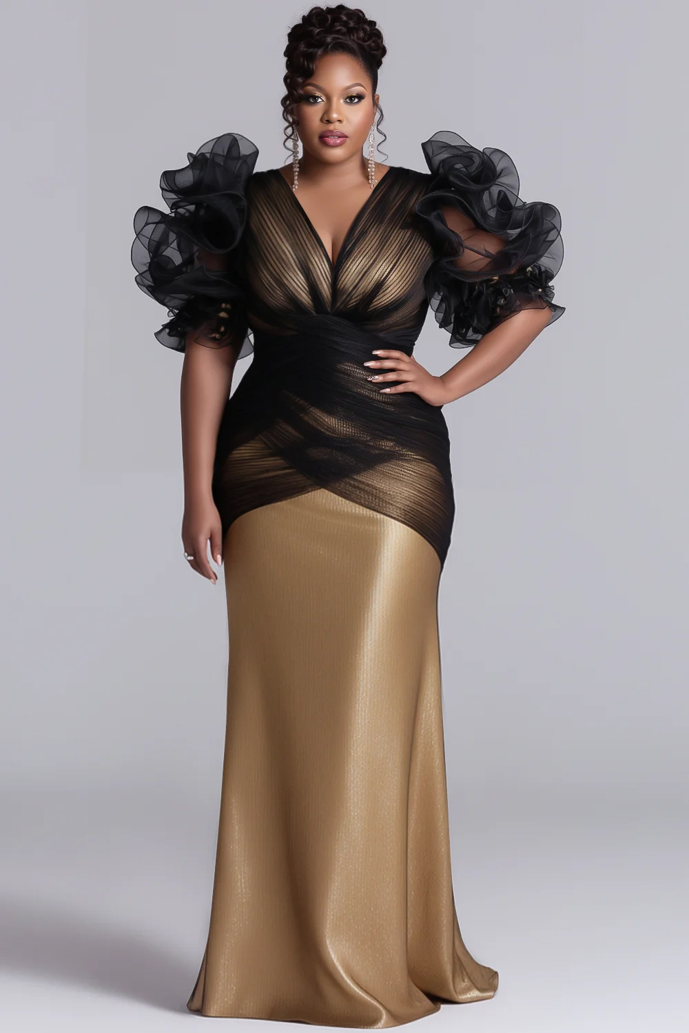 xpluswear gowns & formal dresses Plus Size Formal Lace Satin Purple V Neck Long Sleeve Split See Through Maxi Dresses