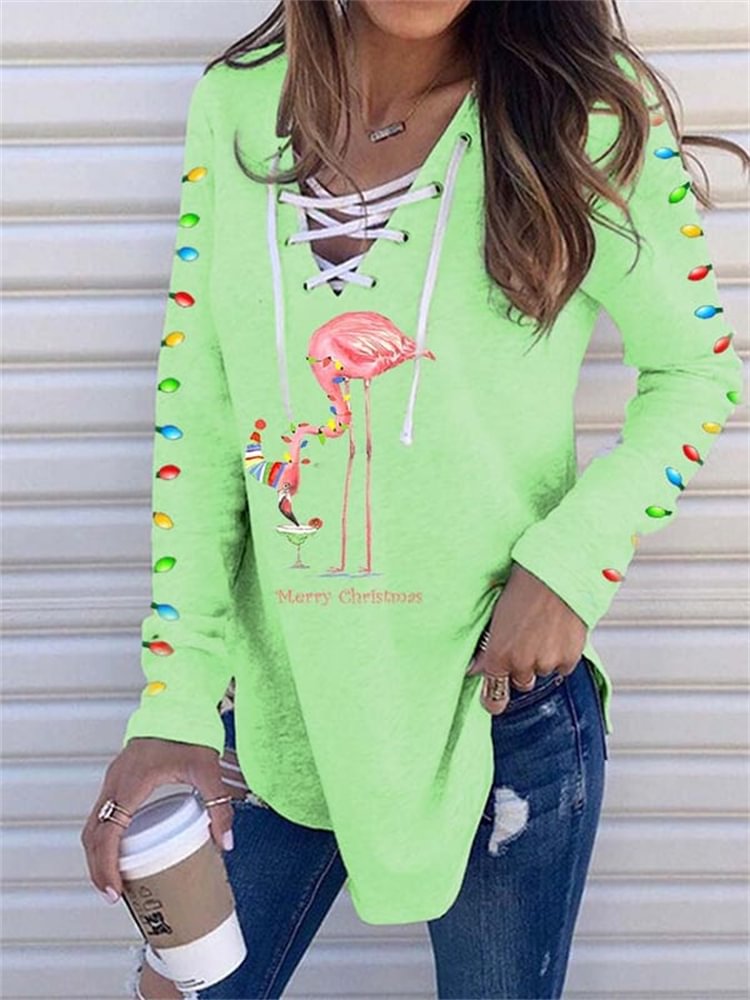 Comstylish Merry Christmas Flamingo Print Drawstring T Shirt