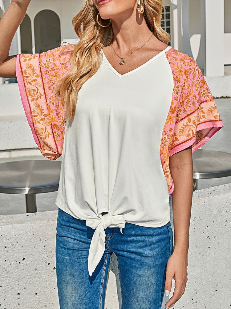 Calico Print Knotted V neck Dolman Half Sleeve Loose Women T Shirt P1846377