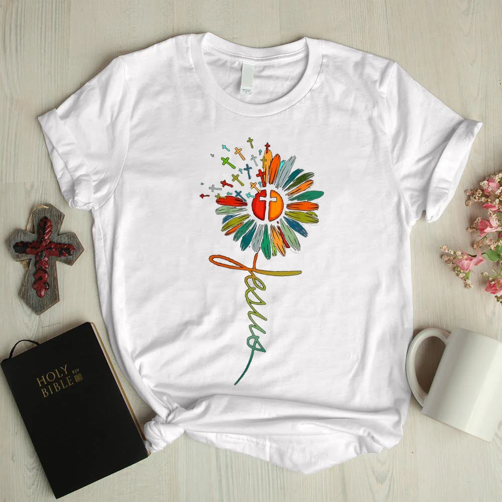 Color flower cross basic graphic tees