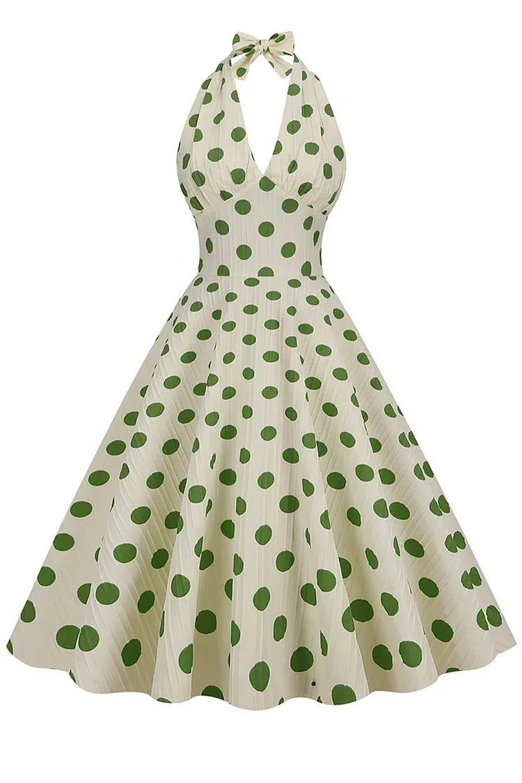1950s Green Party Polka Dot Halter V Neck Wrinkle High Waist Sleeveless Midi Dress