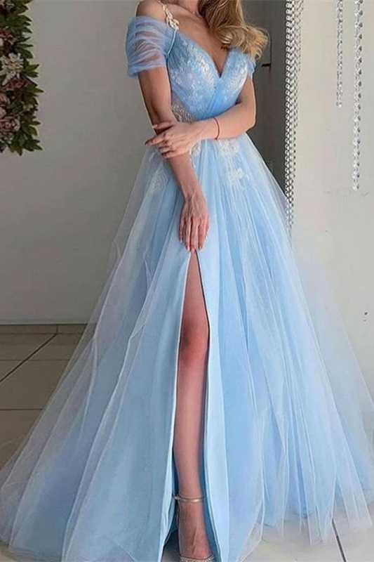 Dresseswow Sky Blue Short Sleeves Prom Dress Long Tulle With Split