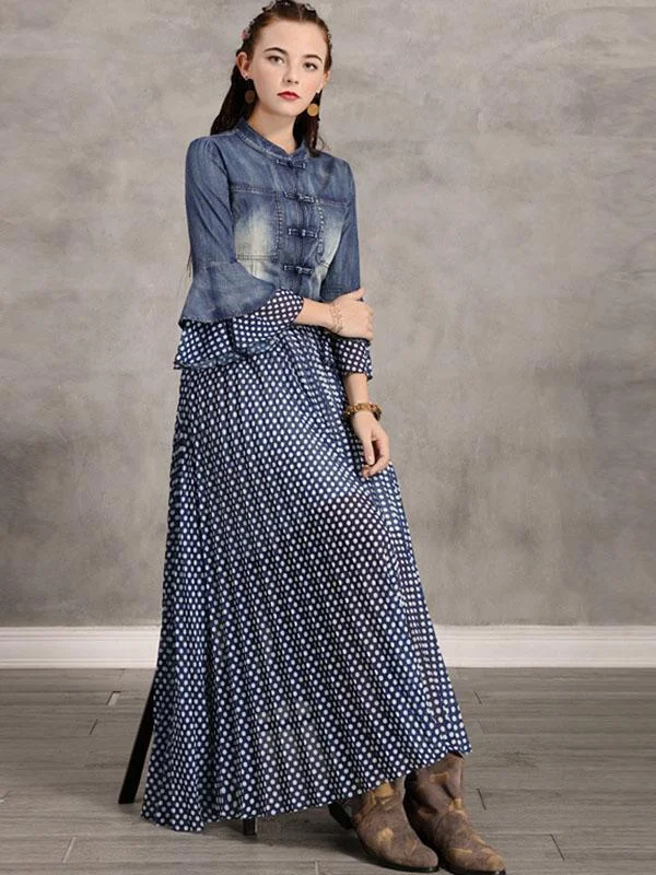 Polka-Dot Stitching Jean Flare Midi Dress