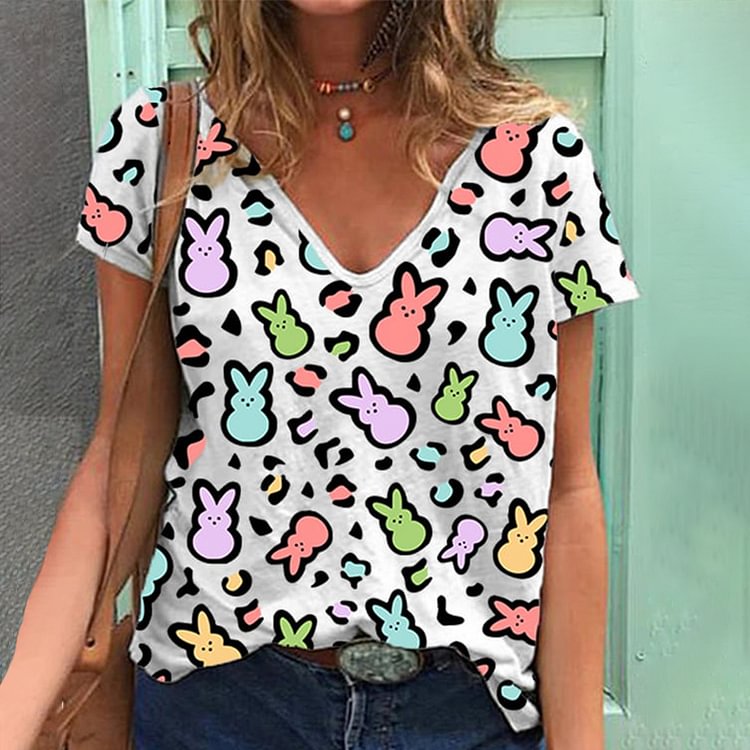 Comstylish Easter Print V-Neck Casual T-Shirt