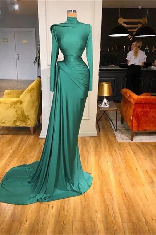 Green High Neck Long Sleeves Prom Dress Mermaid With Ruffle PD0690