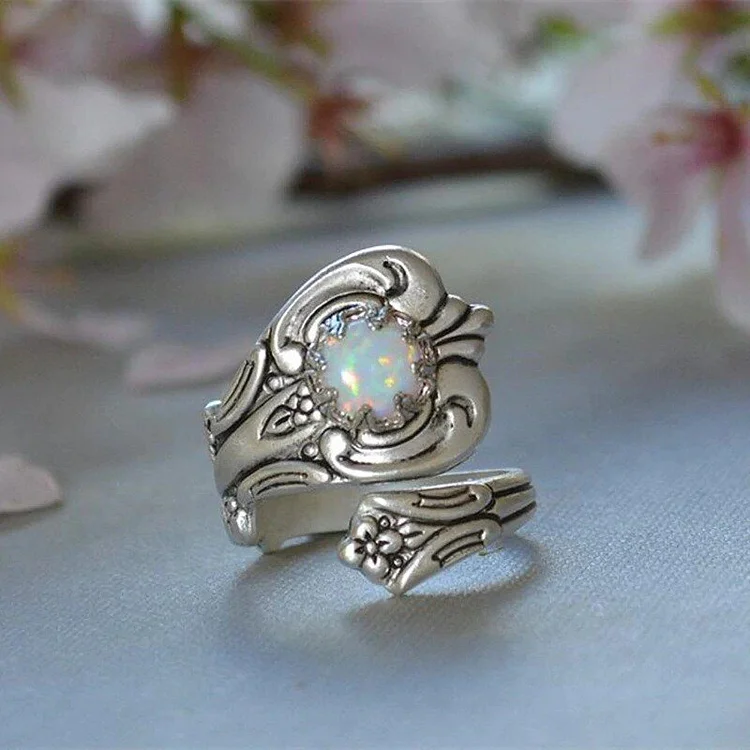 925 White Opal Spoon Adjustable Ring