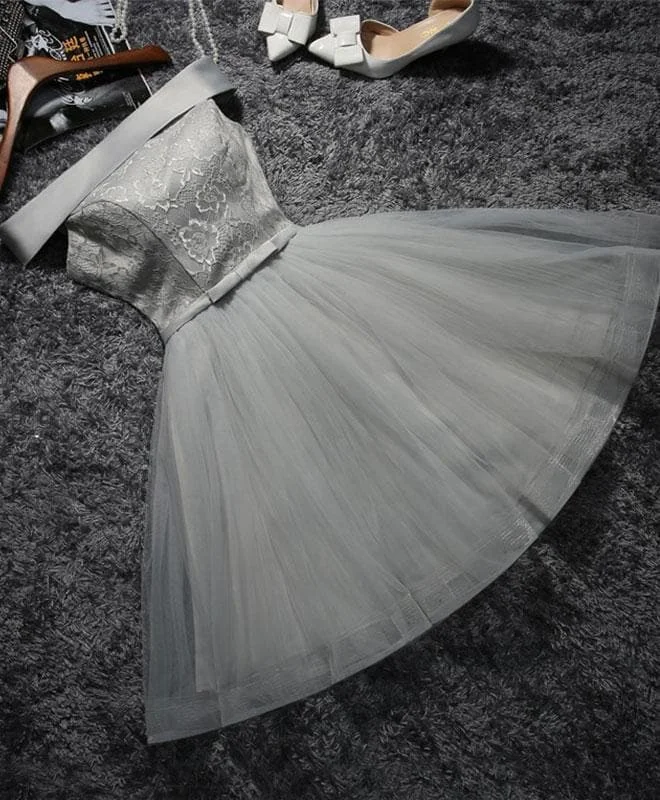 Cute Gray Lace Tulle Short Prom Dress