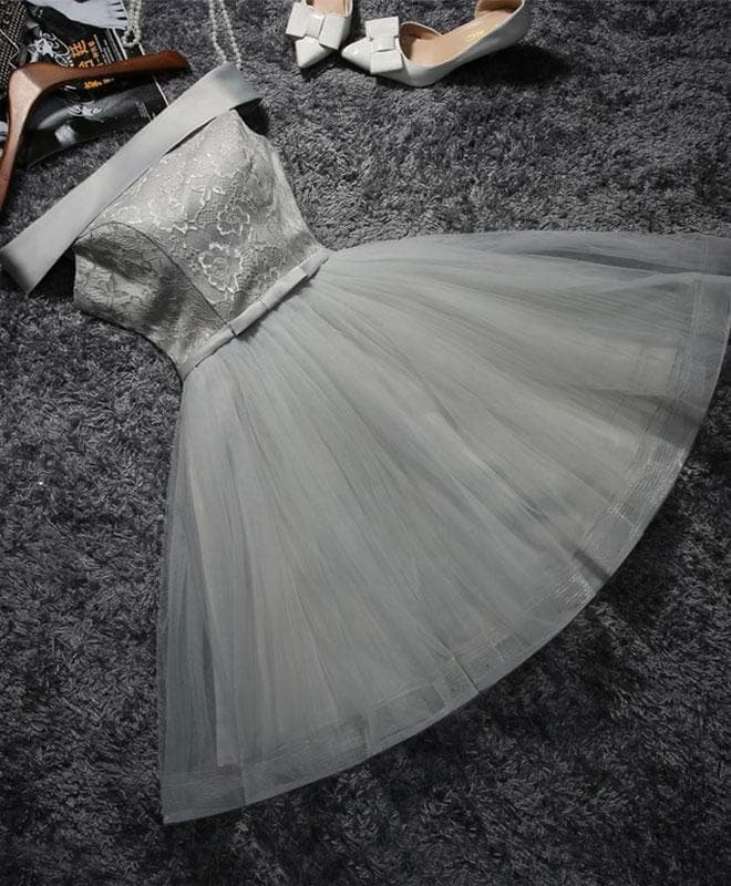 Cute Gray Lace Tulle Short Prom Dress