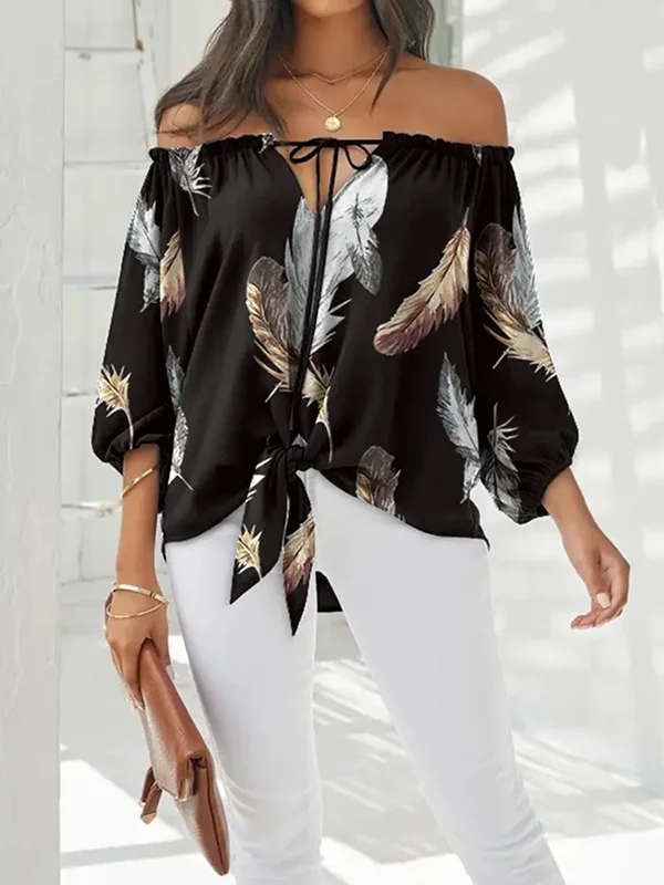 Minimalist Long Sleeves Roomy Drawstring Stamped Off-The-Shoulder Blouses&Shirts Tops