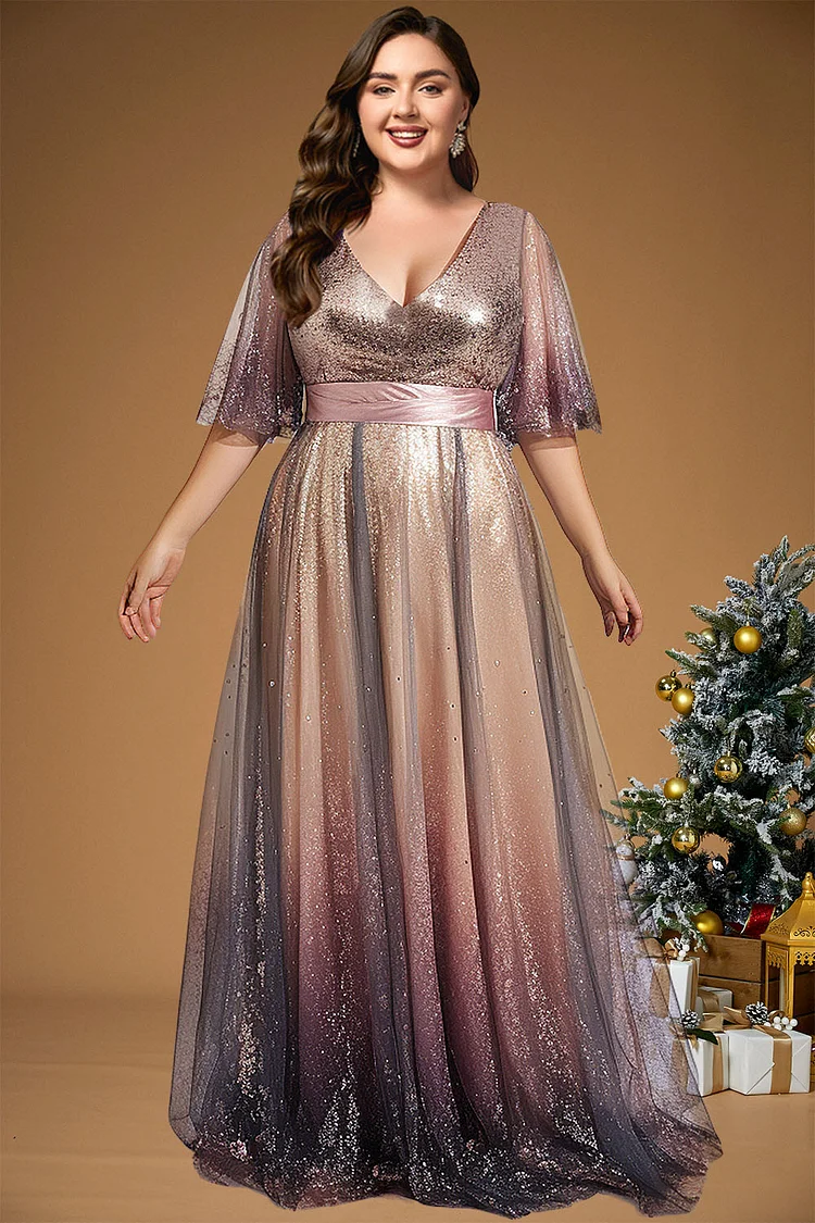 Flycurvy Plus Size Party Pink Ombre Christmas Sparkly Tulle V Neck Ruffle Sleeve Empire Waist Tunic Maxi Dress  Flycurvy [product_label]