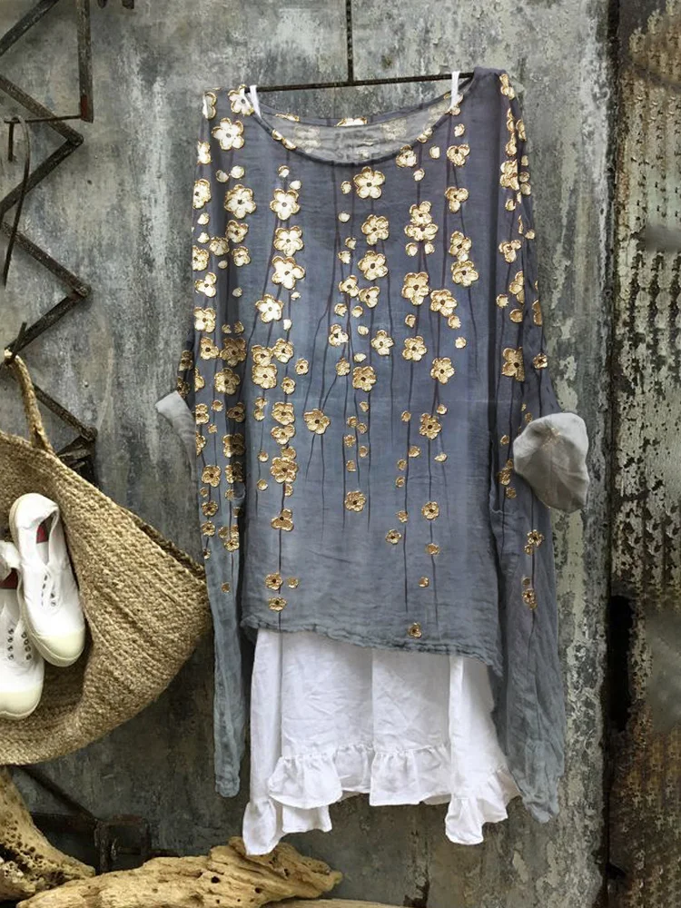 Comstylish Gold Floral Embossed Art Print Linen Blend Tunic