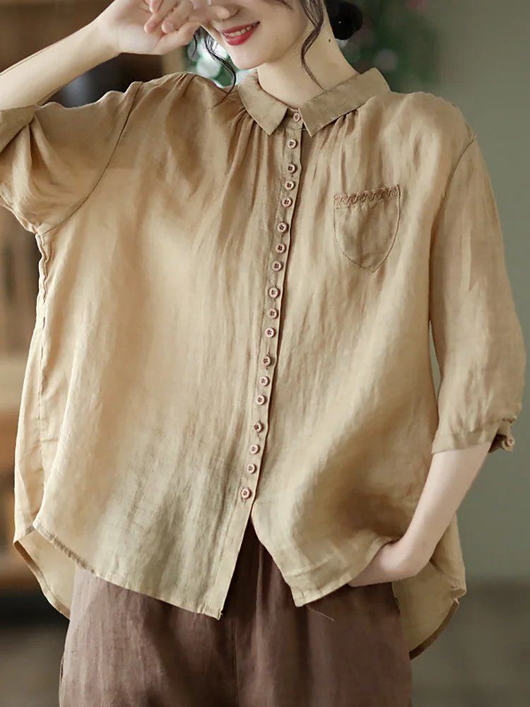 Women Spring Artsy Solid Button Embroidery Roomy Shirt