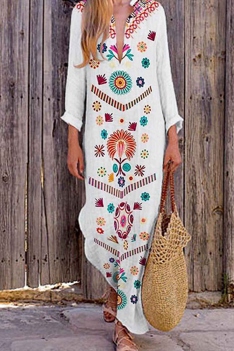 Casual Print Slit V Neck A Line Dresses - Life is Beautiful for You - SheChoic