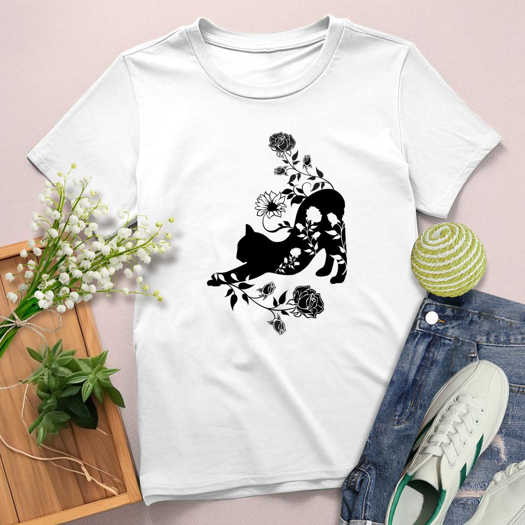 Cat and flower Round Neck T-shirt-0025182-Guru-buzz
