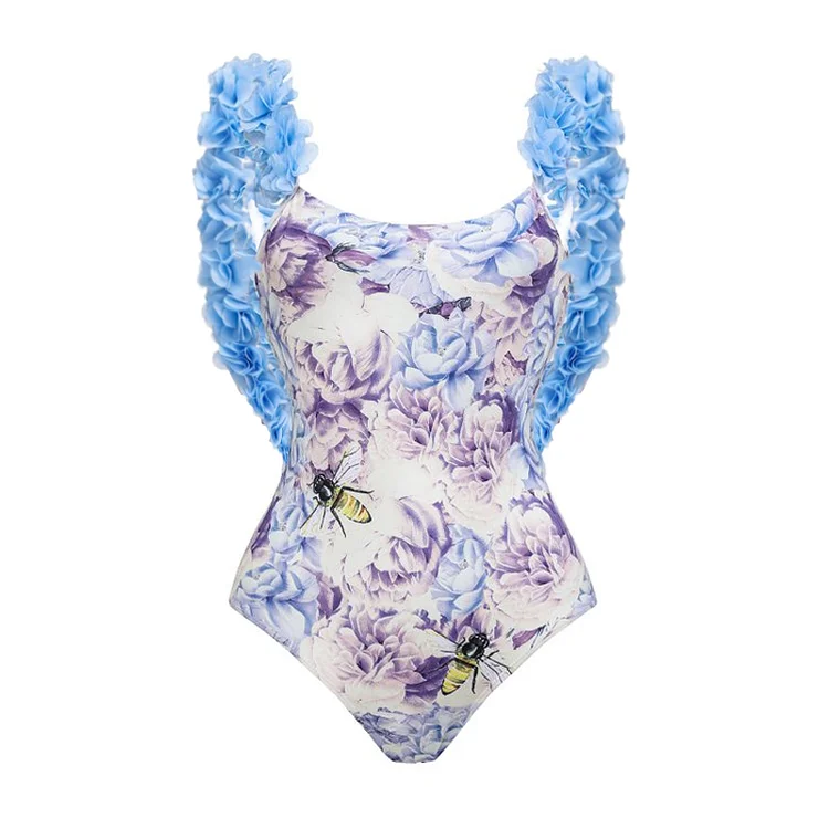 Flaxmaker Appliques Bee Print One Piece Swimsuit