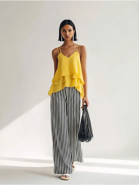 Women’s Yellow Satin Layered Ruffle Cami Top & Black-and-White Cotton Blend Striped Wide-Leg Pants Two-Piece Set