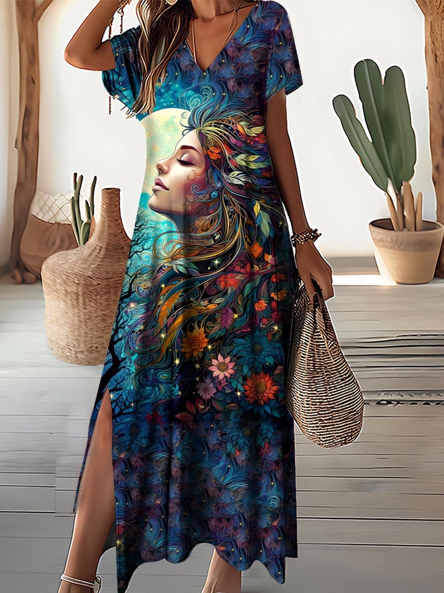 Women's Art Aura Pattern Seaside Resort V-Neck Dress