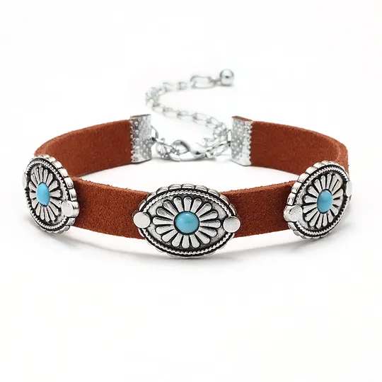 European and American Fashion Retro Necklace Metal Flower Plate Turquoise Velvet Necklace Choker Bohemian Necklace Collar