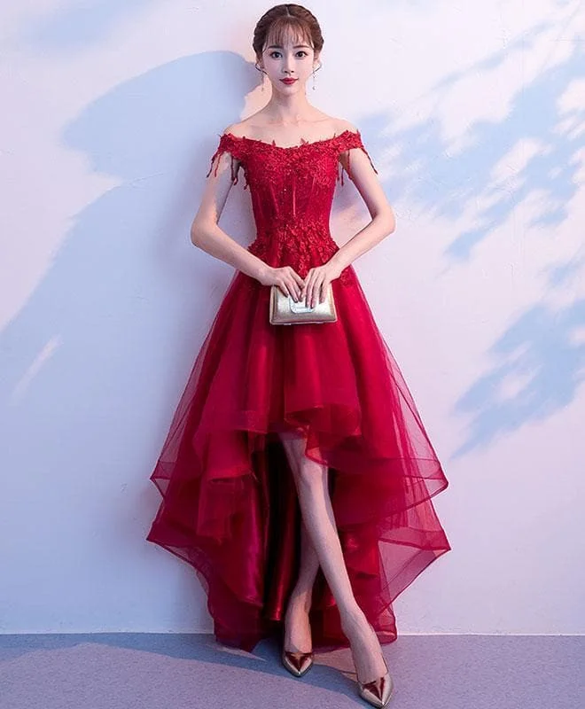 Burgundy Tulle Lace Prom Dress, Burgundy Tulle Evening Dress