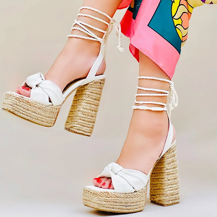 White Knotted Espadrille Heels Square Toe Lace Up Platform Sandals |FSJ Shoes
