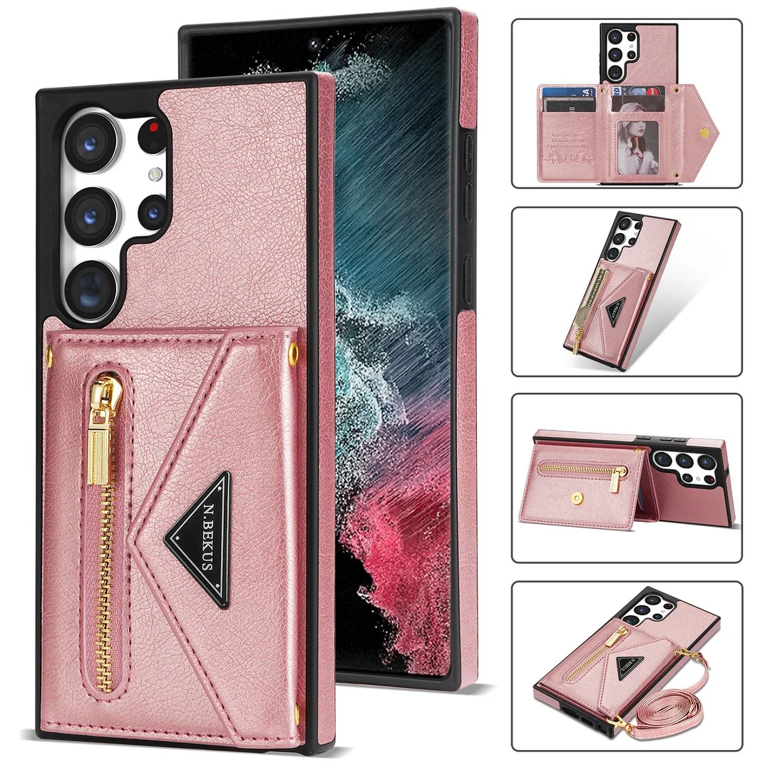 Triangle Crossbody Leather Phone Case With Wallet Cards Holder,Zipper Slot,Kickstand And Detachable Lanyard For Galaxy S22/S22+/S22 Ultra/S23/S23+/S23 Ultra