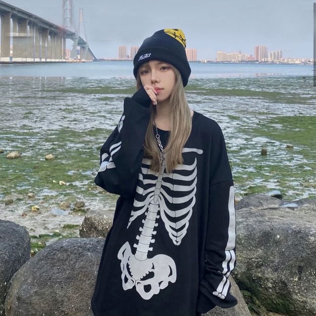 new skull print street hip-hop couple long-sleeved T-shirt graphic t shirts harajuku y2k tops women shirts goth clothes - BlackFridayBuys