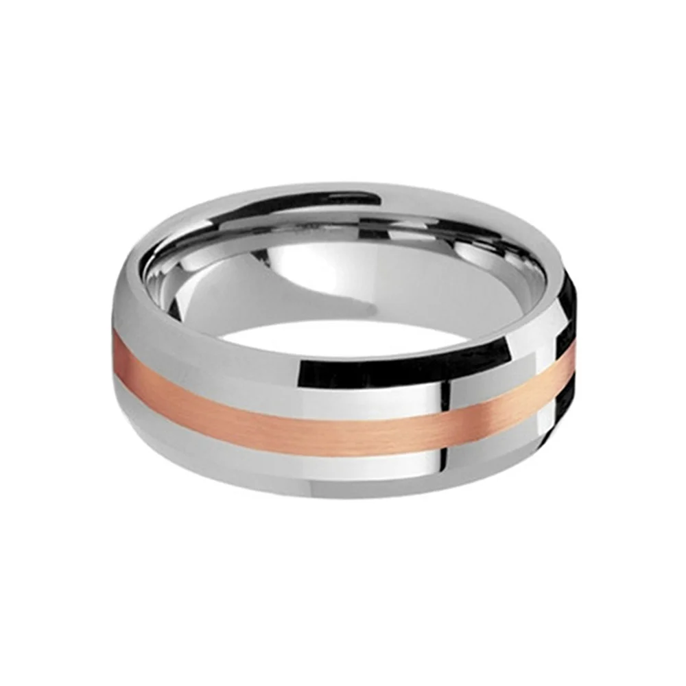 8MM Silver Tungsten Carbide Rings Thin Rose Gold Line With Bevel Edge Men Wedding Band