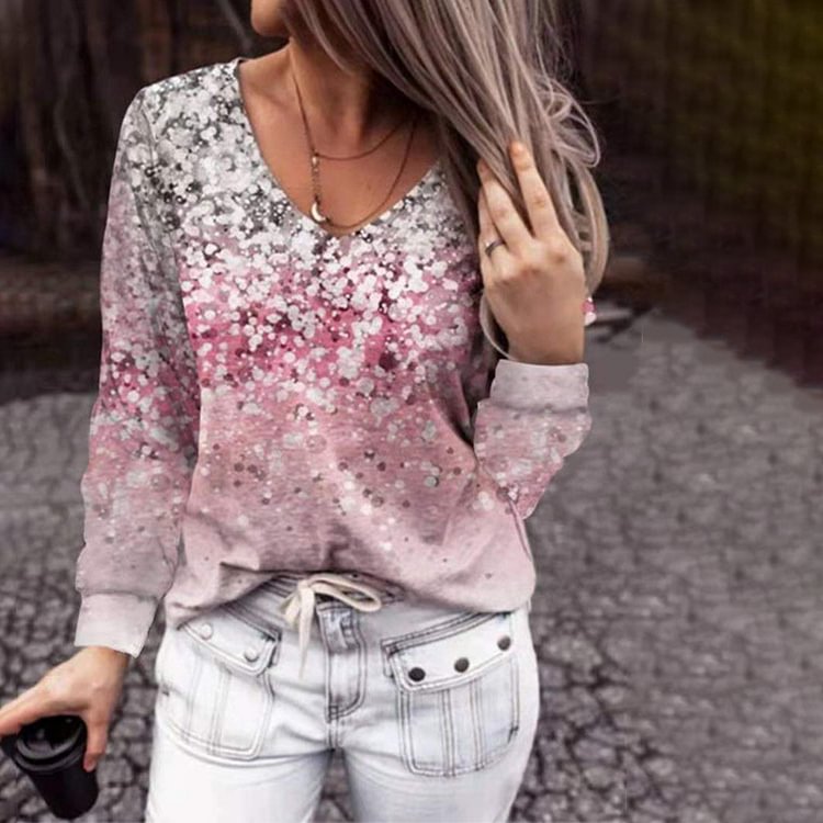 Casual V-Neck Floral Print Long Sleeve T-Shirt