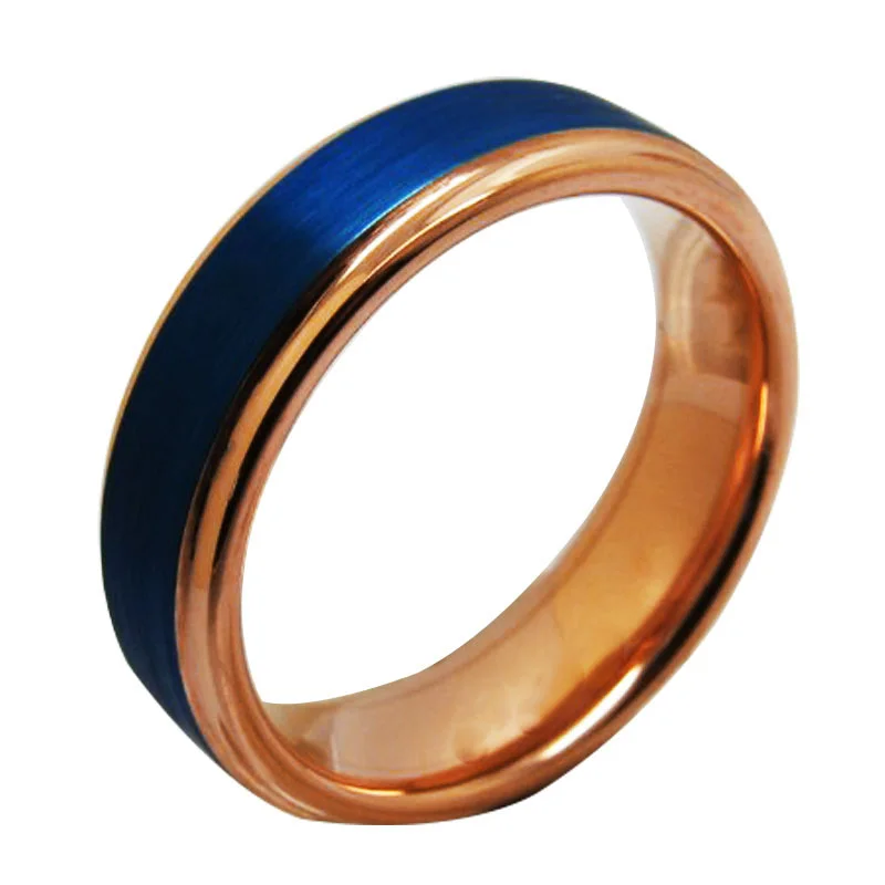 Tungsten Open Steps Sand Surface Electric Blue Electroplated Rose Gold Rings Men's Wedding Bands