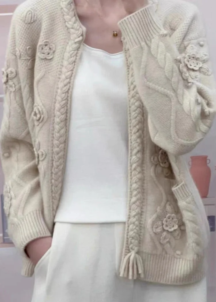 Handmade Camel Pockets Floral Cable Knit Woolen Cardigans Spring