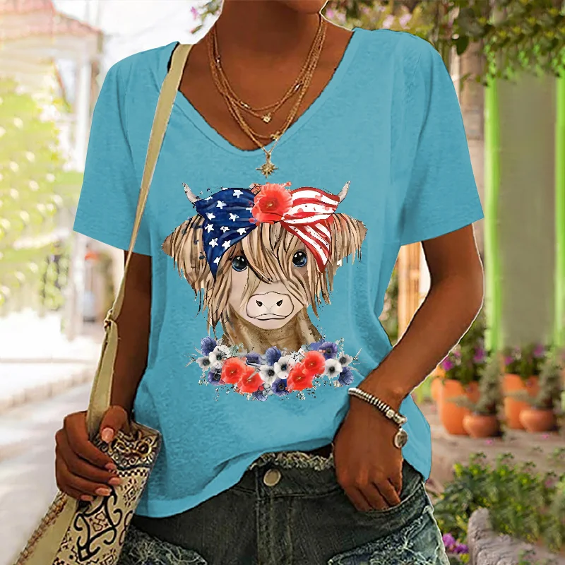 Highland Cow Print American Flag Women's V-neck T-shirt