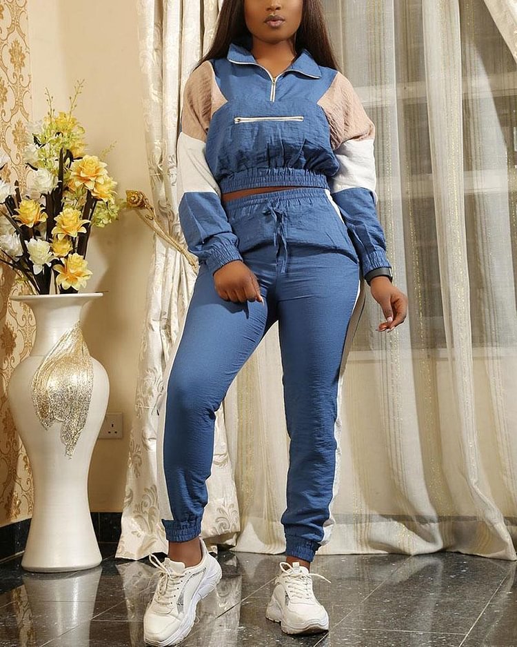 Colorblock Drawstring Front Zip Up Top & Pants Set - Shop Trendy Women's Clothing | LoverChic